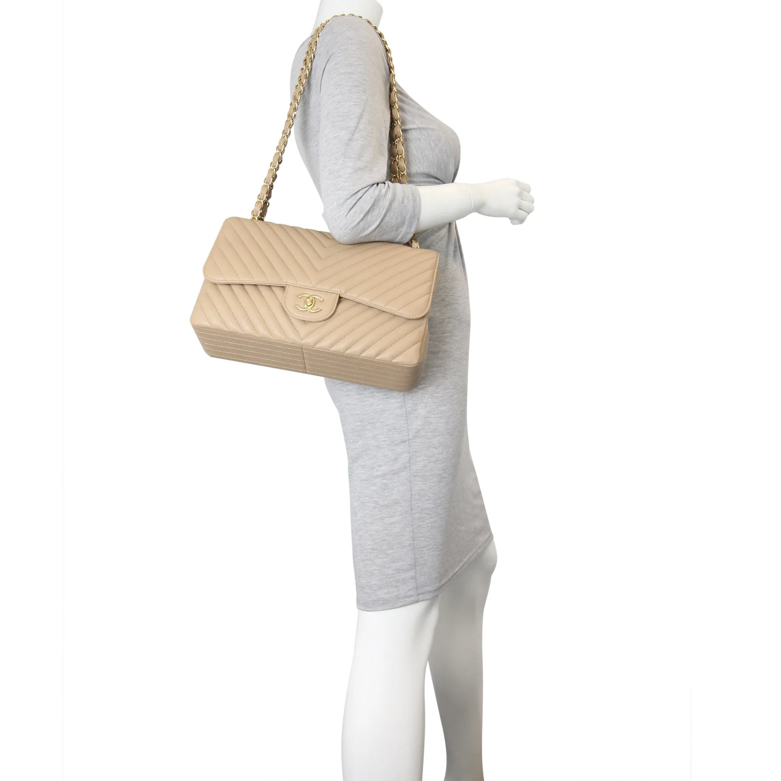 Chanel Classic Double Flap Jumbo Chevron | Beige Calfskin - Image 8